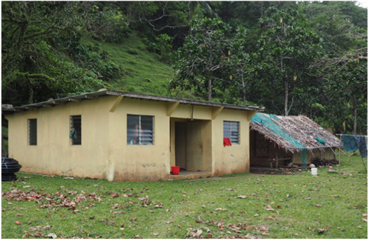 "Modern" house in Vanuatu next to a traditional structure. Source: Ahmed and McDonnell (2020)