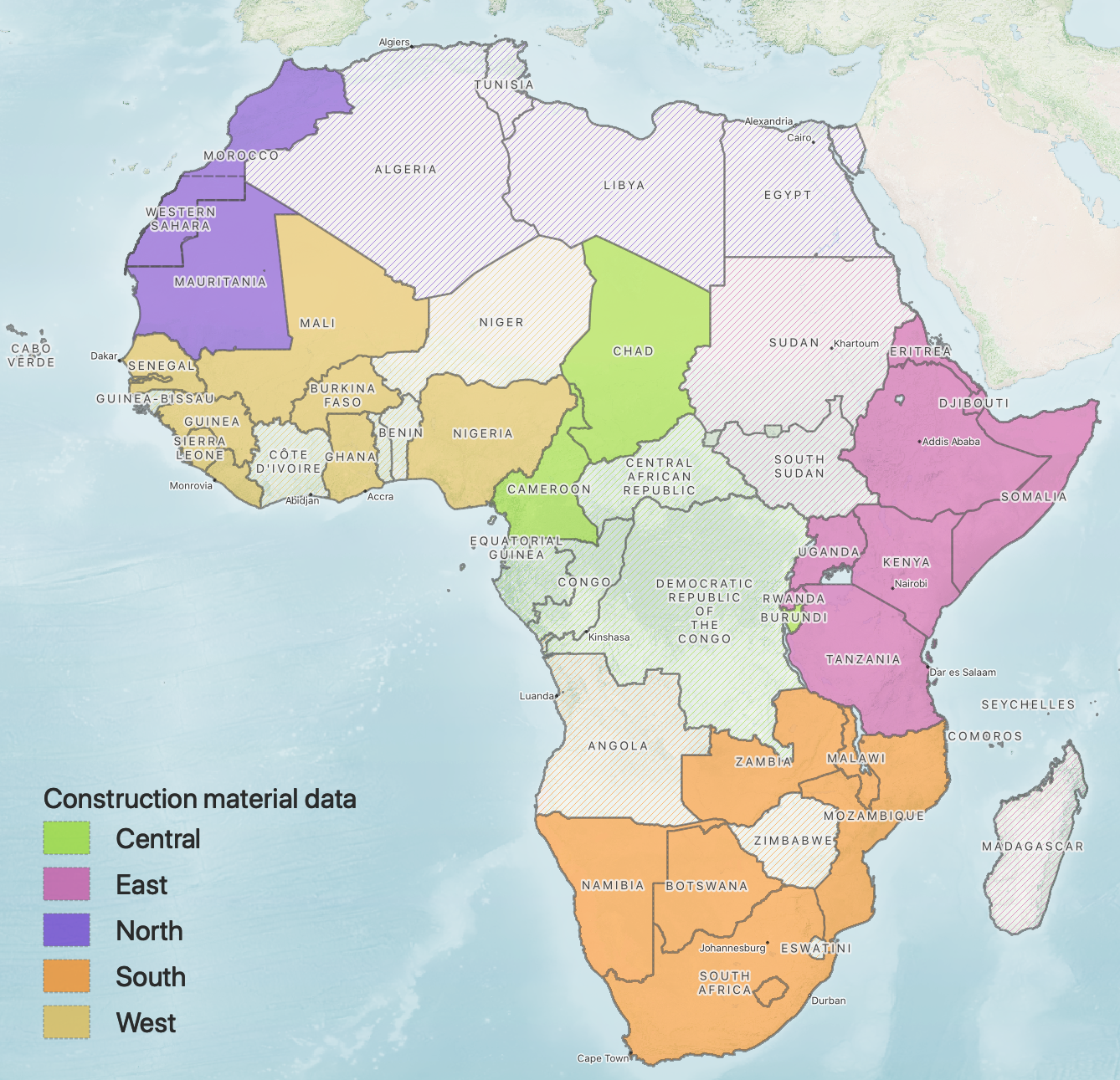 Availability of national wall material data by country and African Union region